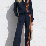 Casual Sporty Orange Striped Navy Blue Cotton Zipper Jacket Sweatshirt And Pants Set