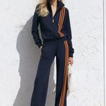 Casual Sporty Orange Striped Navy Blue Cotton Zipper Jacket Sweatshirt And Pants Set