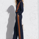 Casual Sporty Orange Striped Navy Blue Cotton Zipper Jacket Sweatshirt And Pants Set