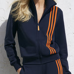 Casual Sporty Orange Striped Navy Blue Cotton Zipper Jacket Sweatshirt And Pants Set