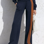 Casual Sporty Orange Striped Navy Blue Cotton Zipper Jacket Sweatshirt And Pants Set