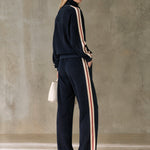 Sporty Retro Color-blocked Navy Blue Fleece Blend Top And Pants Set