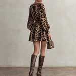 Retro Elegant Brown Leopard Print Round Neck Puff Sleeve Fitted Waist Velvet Mini Dress