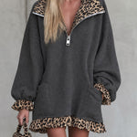 Retro Casual Brown Leopard Print Collared Ruffled Gray Cotton Mini Dress