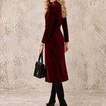 Vintage And Elegant Burgundy Cross-collar Velvet Midi Dress