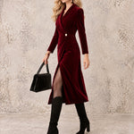 Vintage And Elegant Burgundy Cross-collar Velvet Midi Dress