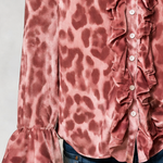 Women's pink leopard-print satin long-sleeve shirt featuring a ruffled front and ruffled cuffs