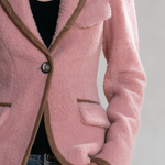 Women's Pink Teddy Fleece Single-Button Blazer with Contrast Brown Piping