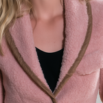 Women's Pink Teddy Fleece Single-Button Blazer with Contrast Brown Piping