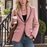 Women's Pink Teddy Fleece Single-Button Blazer with Contrast Brown Piping