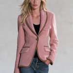 Women's Pink Teddy Fleece Single-Button Blazer with Contrast Brown Piping