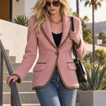Women's Pink Teddy Fleece Single-Button Blazer with Contrast Brown Piping