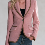 Women's Pink Teddy Fleece Single-Button Blazer with Contrast Brown Piping