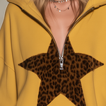 Mustard Yellow Half-zip Hooded Sweatshirt Dress Featuring Leopard-print Star Appliqués And A Ruffled Hem