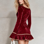 Elegant Gold-trimmed Boat Neck Burgundy Velvet Ruffled Long-sleeved Mini Dress