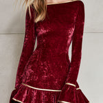 Elegant Gold-trimmed Boat Neck Burgundy Velvet Ruffled Long-sleeved Mini Dress