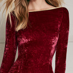 Elegant Gold-trimmed Boat Neck Burgundy Velvet Ruffled Long-sleeved Mini Dress