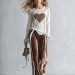 Casual-chic Leopard-print Trim Beige Heart-print T-shirt and Brown Wide-leg velvet Trousers Set