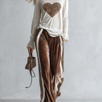 Casual-chic Leopard-print Trim Beige Heart-print T-shirt and Brown Wide-leg velvet Trousers Set