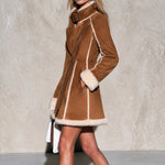 Urban Retro Camel Faux Suede Shearling Trim Asymmetric Zip Buckle Collar Fitted Coat