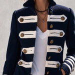 Vintage Military Navy Wool Blend Faux Fur Trim Brass Button Striped Band Jacket
