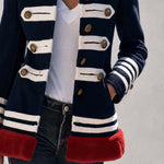 Vintage Military Navy Wool Blend Faux Fur Trim Brass Button Striped Band Jacket