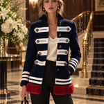 Vintage Military Navy Wool Blend Faux Fur Trim Brass Button Striped Band Jacket