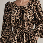 Retro Elegant Brown Leopard Print Round Neck Puff Sleeve Fitted Waist Velvet Mini Dress