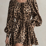 Retro Elegant Brown Leopard Print Round Neck Puff Sleeve Fitted Waist Velvet Mini Dress