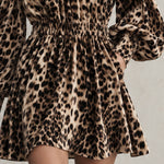 Retro Elegant Brown Leopard Print Round Neck Puff Sleeve Fitted Waist Velvet Mini Dress