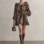 Retro Elegant Brown Leopard Print Round Neck Puff Sleeve Fitted Waist Velvet Mini Dress