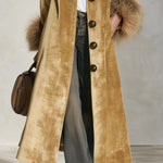 Urban Retro Boho Camel Velvet Faux Fur Cuff Button Front Maxi Coat