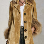 Urban Retro Boho Camel Velvet Faux Fur Cuff Button Front Maxi Coat