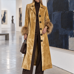 Urban Retro Boho Camel Velvet Faux Fur Cuff Button Front Maxi Coat