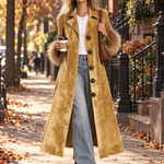 Urban Retro Boho Camel Velvet Faux Fur Cuff Button Front Maxi Coat