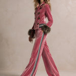 Retro Glam Pink Velvet Faux-Fur Cuff Zip-Up Top Side-Stripe Wide-Leg Pants Set
