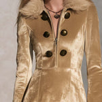 Urban Retro Gold Velvet Faux Fur Collar Ruffle Hem Long Sleeve Mini Dress