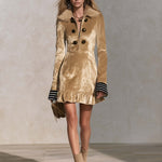 Urban Retro Gold Velvet Faux Fur Collar Ruffle Hem Long Sleeve Mini Dress