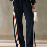 Sporty Retro Color-blocked Navy Blue Fleece Blend Top And Pants Set