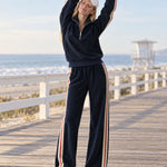 Sporty Retro Color-blocked Navy Blue Fleece Blend Top And Pants Set