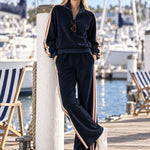 Sporty Retro Color-blocked Navy Blue Fleece Blend Top And Pants Set