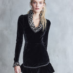 Elegant Faux-Fur Leopard Print Collar Black Velvet Ruffled Mini Dress