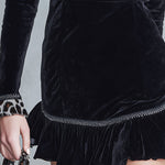 Elegant Faux-Fur Leopard Print Collar Black Velvet Ruffled Mini Dress