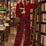 Casual Bright Red Velvet Half-zip Top And Plaid Wide-leg Pants Set