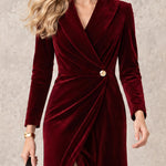 Vintage And Elegant Burgundy Cross-collar Velvet Midi Dress