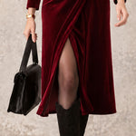 Vintage And Elegant Burgundy Cross-collar Velvet Midi Dress