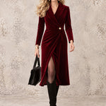 Vintage And Elegant Burgundy Cross-collar Velvet Midi Dress