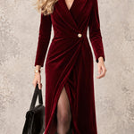 Vintage And Elegant Burgundy Cross-collar Velvet Midi Dress