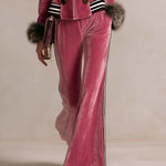 Retro Glam Pink Velvet Faux-Fur Cuff Zip-Up Top Side-Stripe Wide-Leg Pants Set