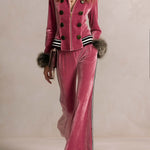 Retro Glam Pink Velvet Faux-Fur Cuff Zip-Up Top Side-Stripe Wide-Leg Pants Set